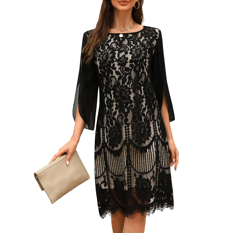 COOAN Wedding Guest Dresses for Women,Cocktail Dress,Dresses for Weddings as a Guest, Lace Chiffon Evening Dress, Black Almond, XL