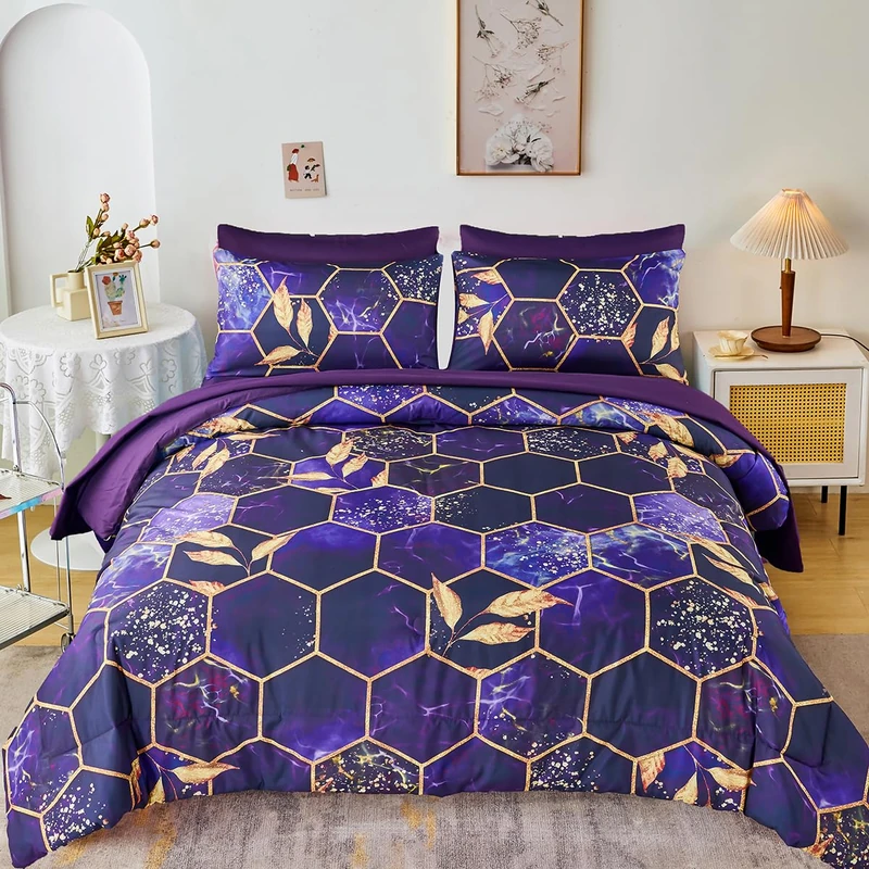 ZRNBAST 7 PC Honeycomb Purple Comforter Set with Sheets King Size Marble Comforter Bedding Sets Modern All Season Bed in a Bag for Women Men (Purple, King)