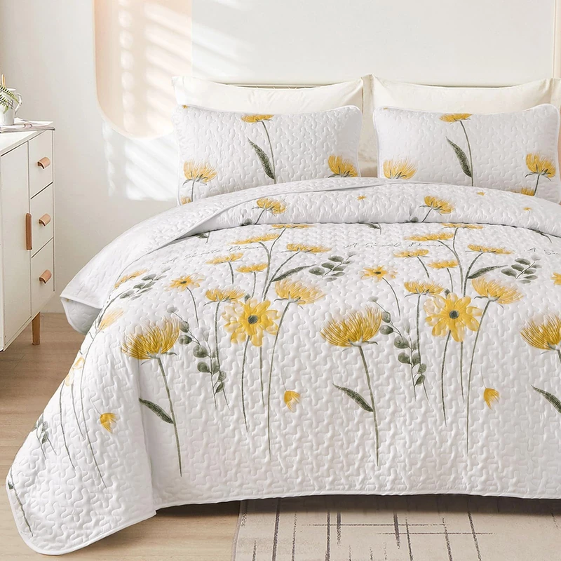 Dinjoy Quilt Set King Floral Bedspread Coverlet Yellow Quilts Bedding Microfiber Lightweight Summer Reversible Soft Farmhouse Bed Cover for All Season(110"x90")