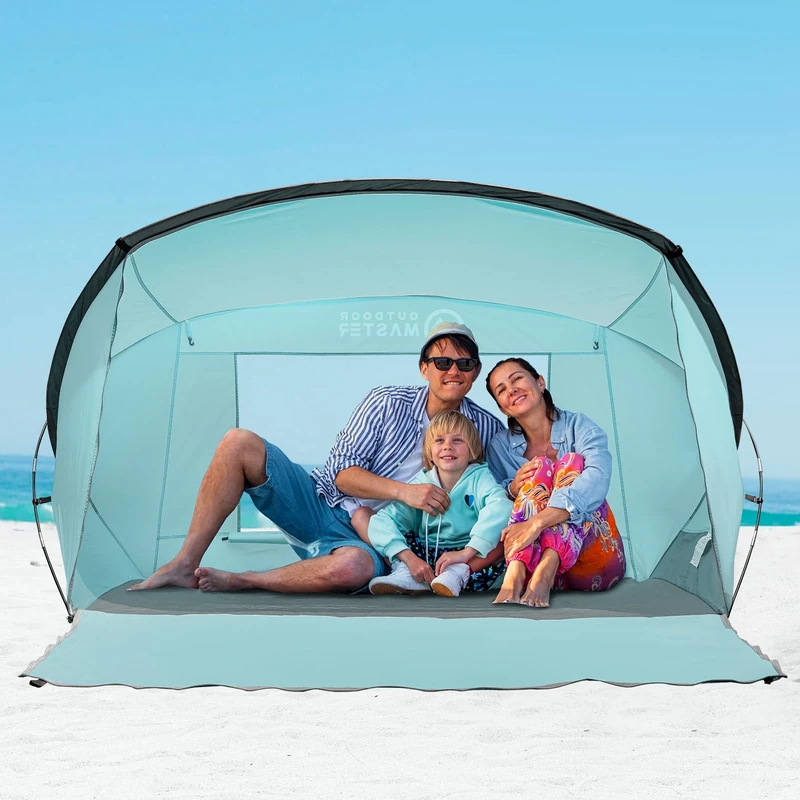 OutdoorMaster Beach Tent for 3-4 Person - Easy Setup and Portable Beach Shade Sun Shelter Canopy with UPF 50+ UV Protection Removable Skylight Family Size - Light Green