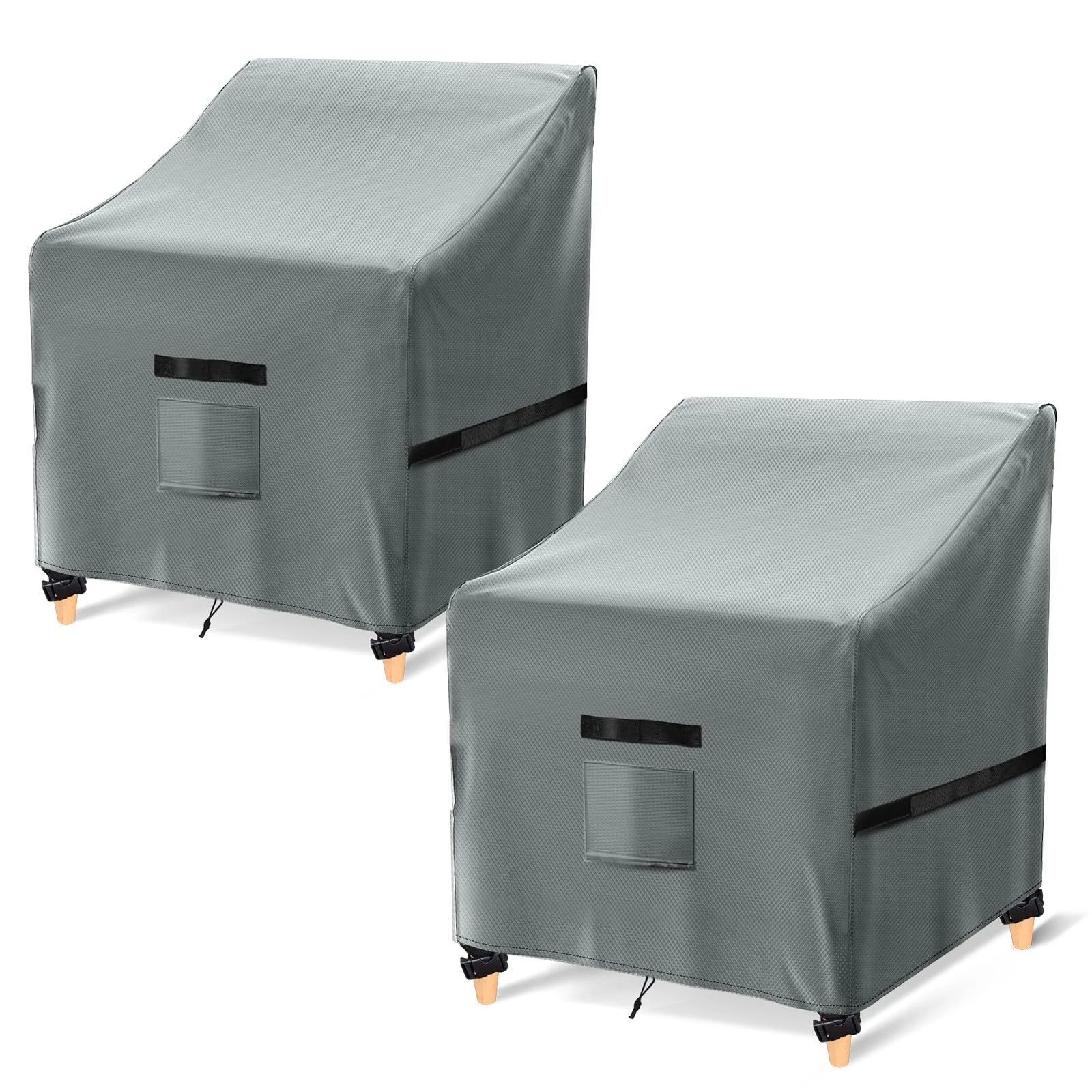 GARPROVM Garden Chair Covers Waterproof 2 Pack, Outdoor Chair Covers Waterproof 600D Oxford Fabric Patio Chair Covers With Vent Strap Handle Buckle for Stacking Chairs Armchair (Grey, 97x90x79cm)