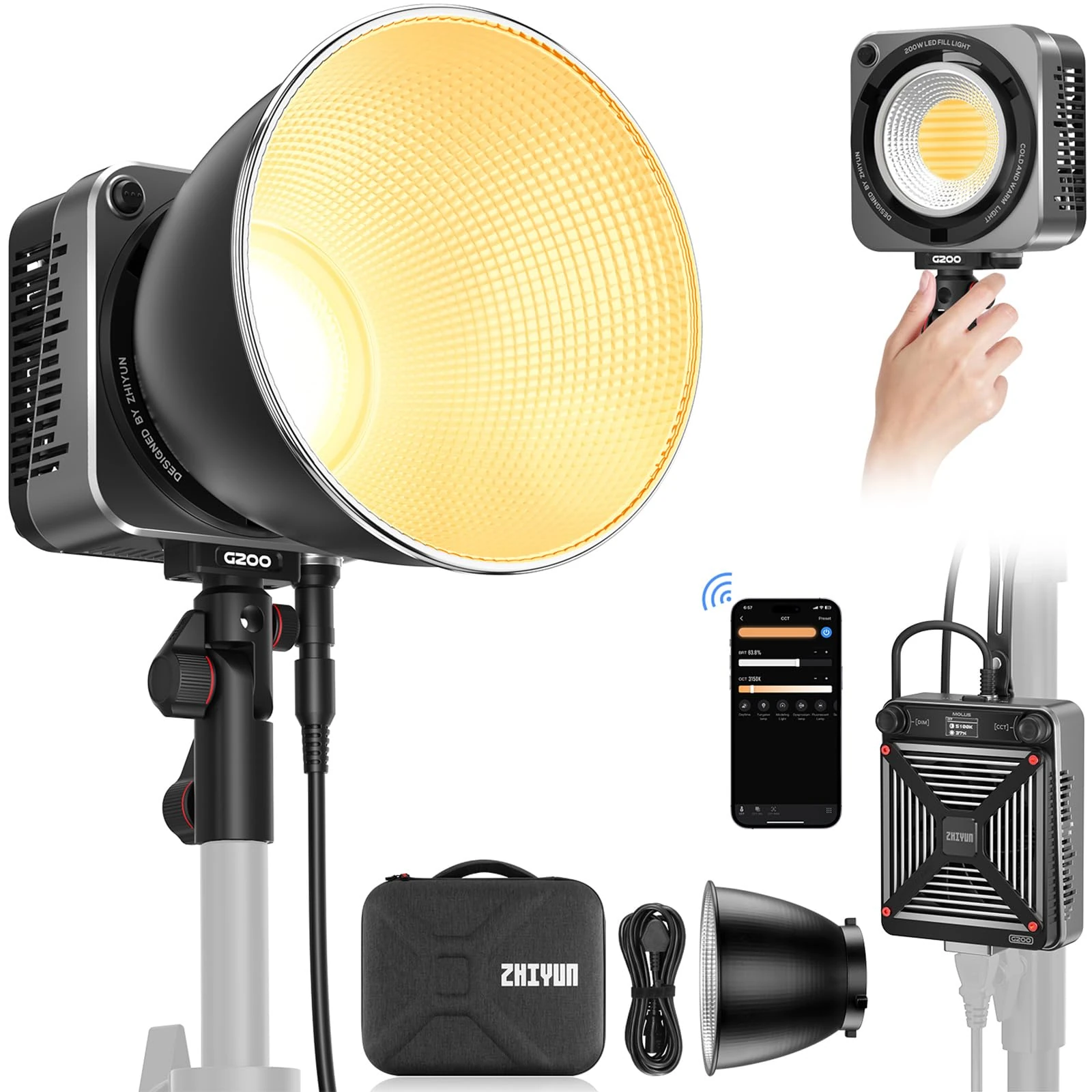 ZHIYUN MOLUS G200 [Official] 200W Video Light with Bowens Mount, Portable Light with Ultra Quiet DynaVort Cooling System, ZY Vega APP Control, 85800Lux/m 2700K-6500K