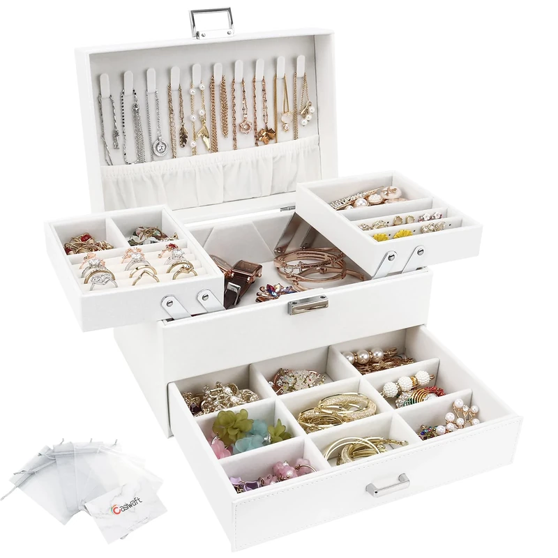 Jewellery Box Organiser, 3 Layer PU Leather Jewellery Case, Large Jewellery Organiser with Drawer, Jewellery Storage Case for Necklaces Earrings Bracelets and Rings, White