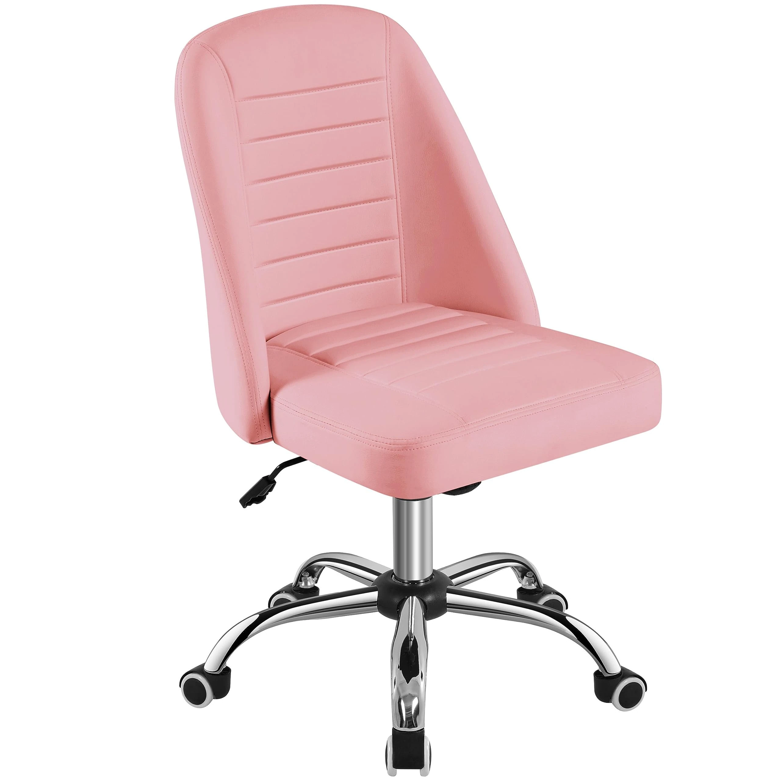 Yaheetech Mid Back Faux Leather Office Desk Chair Modern Vanity Chair Armless Swivel Chairs w/Lumbar Support Pink