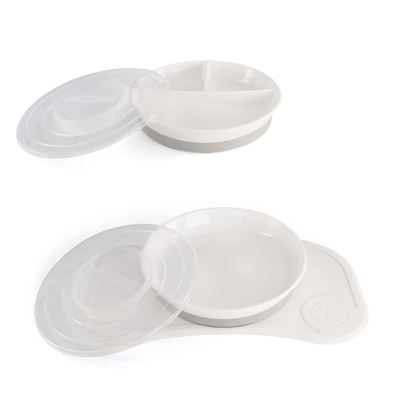 Twistshake Baby Tableware Set Mini + Divided Plate | Baby Suction Plate + Baby Placemat (31x17cm) + Divided Plate | BPA-Free | Training Plate | White