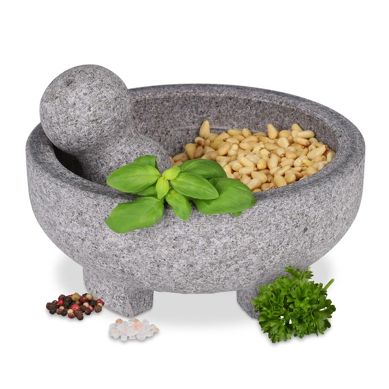 Relaxdays Pestle, Spices, Herbs, Polished Stone Mortar, HxD: 9x20cm, Durable, Non-Slip, Granite, Grey