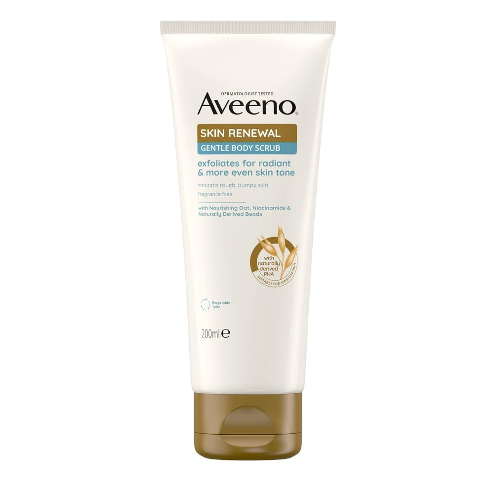 Aveeno Skin Renewal Gentle Body Scrub (1x 200ml), Gentle Exfoliator with Nourishing Prebiotic Oat, 2% Naturally-Derived PHA & Smoothing Niacinamide, Body Scrub for sensitive Skin