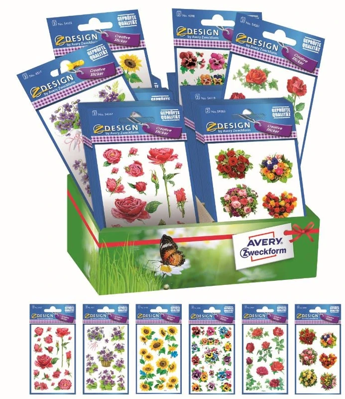 Avery España 48595 Assorted 60 Adhesive Stickers of Flowers on Glitter Paper, 6 Different Fantasies, 60 Stickers in Cardboard Display