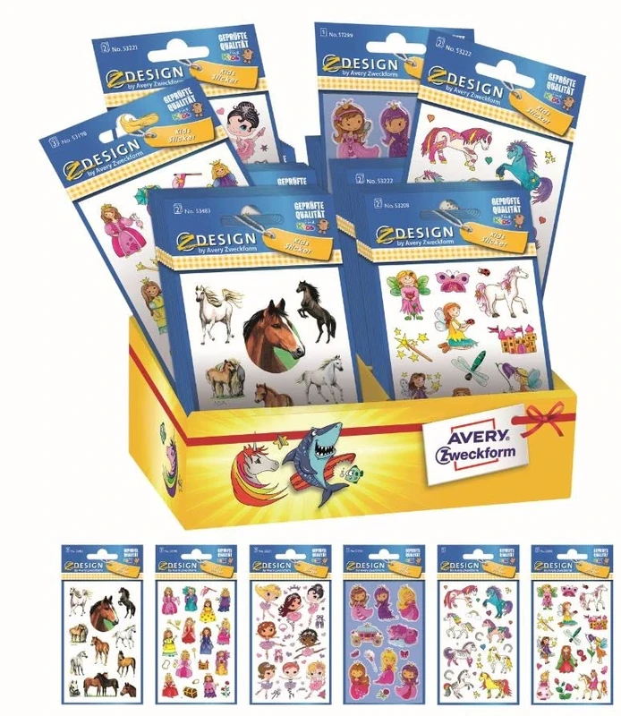 Avery España 48664 Assorted 60 Decorative Stickers for Girls, 6 Different Fantasies, 60 Stickers in Cardboard Display