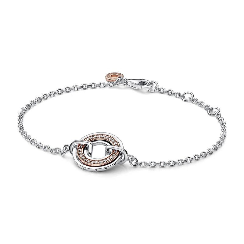 Pandora Signature logo sterling silver and 14k rose gold-plated bracelet with clear cubic zirconia, 16