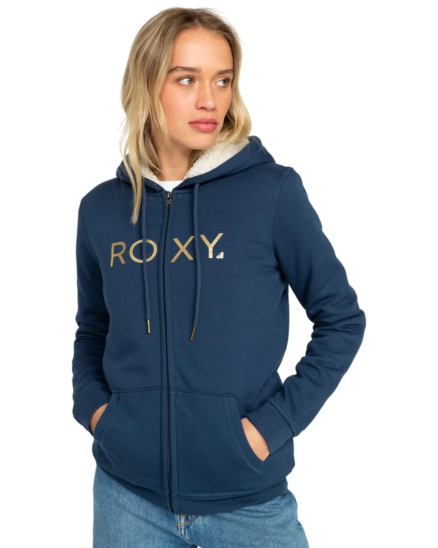 Roxy Womens Itia Zip Sherpa Logo Pullover, Mood Indigo, XL EU