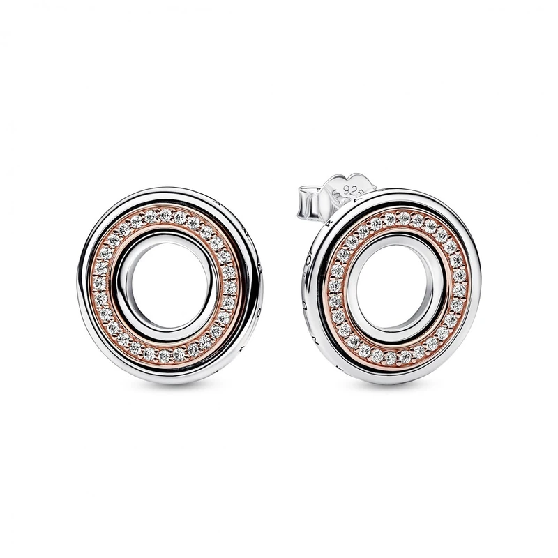 Pandora Signature logo sterling silver and 14k rose gold-plated stud earrings with clear cubic zirconia