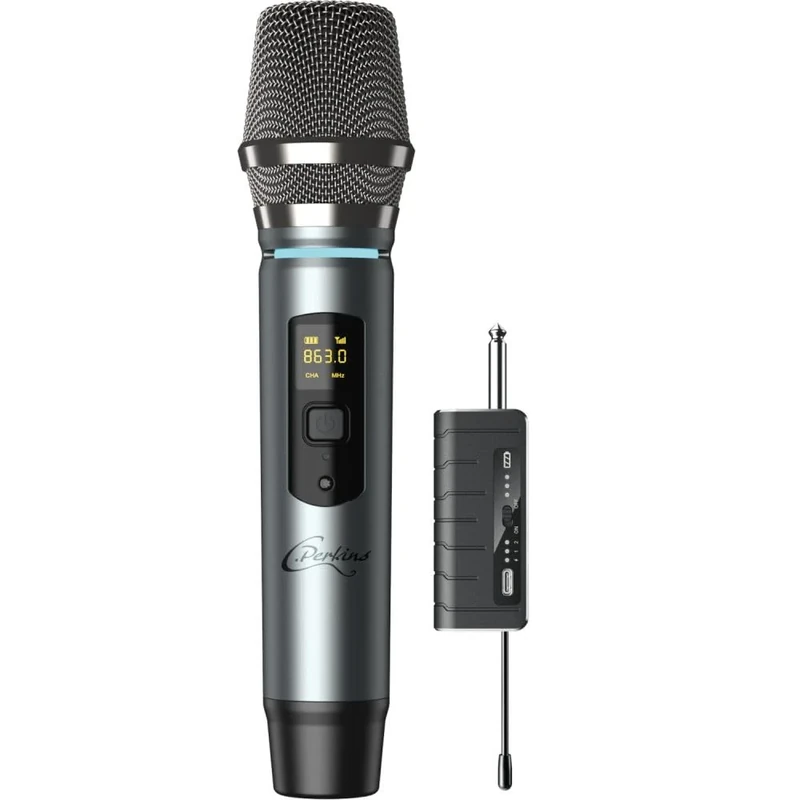 C.Perkins - MIC-PRO-HF - UHF Wireless Handheld Microphone on Battery and 6.35mm JACK Receiver - UHF 863-865MHz - Grey Metal