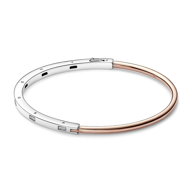 Pandora Signature Two-tone I-D Pavé sterling silver and 14k rose gold-plated bangle with clear cubic zirconia, 3
