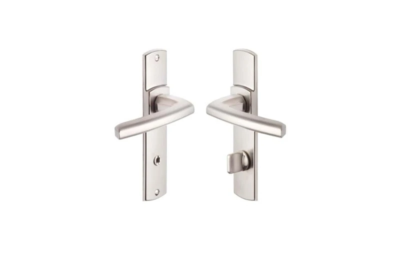 Vachette SCULT Door Handle Set on Plate - Locking Version for Toilet and Bathroom Doors - Hole Spacing 165 mm - Durable Zamak Material - Platinum Finish