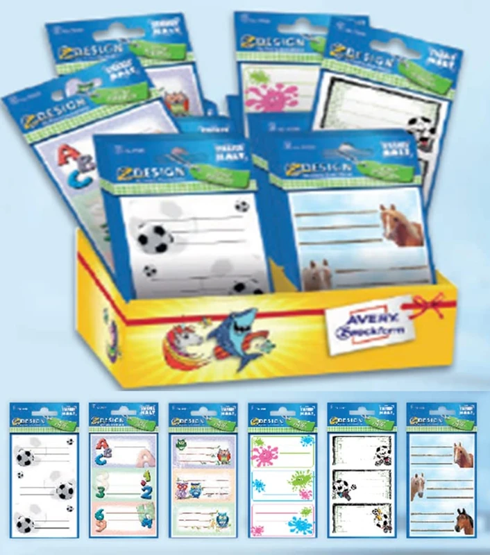 Avery España 48669 Assorted 60 Adhesive Stickers for Labeling Books, Notebooks and School Materials, 6 Different Fantasies, 60 Stickers in Cardboard Display