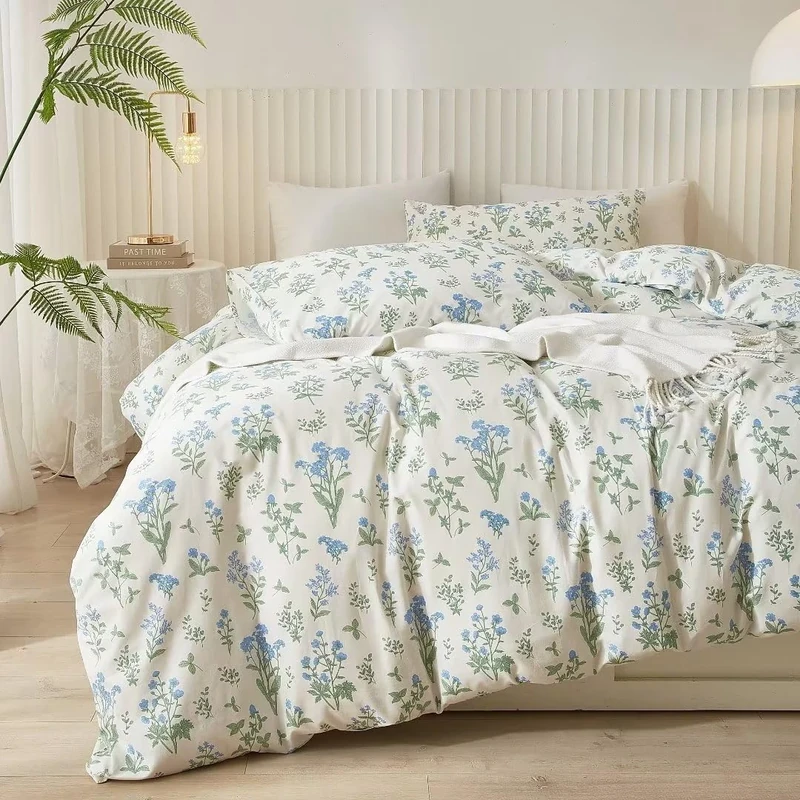 Mucalis White Floral Duvet Cover King 100% Cotton Floral Printed Duvet Cover Set Botanical Blue Flower 3 Piece Garden Bedding Set Zipper Closure Corner Ties for Teens Adult-Breathable Comfortable
