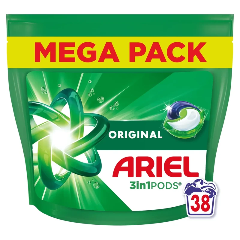 Ariel 3in1 PODS, Washing Liquid Laundry Detergent Capsules 38 Washes, Original, Stain and Odour Removal in 1 Wash, Fast Dissolving Even In Cold