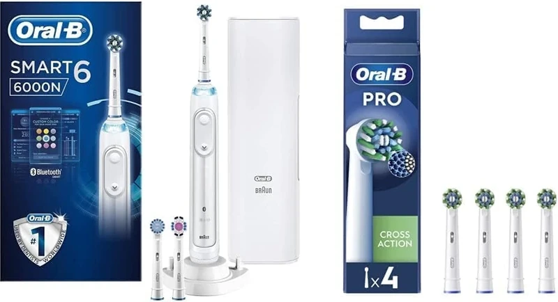 Oral-B Smart 6 6000N White Electric Rechargeable Toothbrush and Oral-B Cross Action 4ct