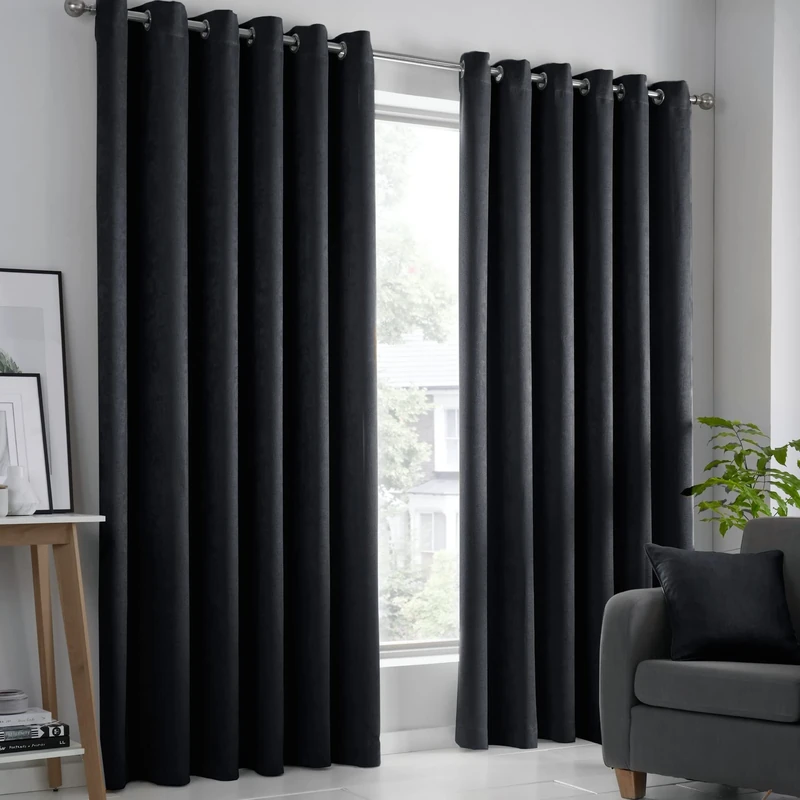 Fusion Strata Black Eyelet Curtains 90x72 – Thermal Drapes – 2 Panels – Room Darkening Window Treatment for Bedroom, Living Room & Doors