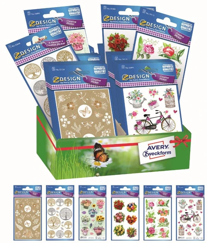 Avery España 48633 Assorted 60 Spring Adhesive Stickers, 6 Different Fantasies in Different Materials, Total 60 Stickers in Cardboard Display