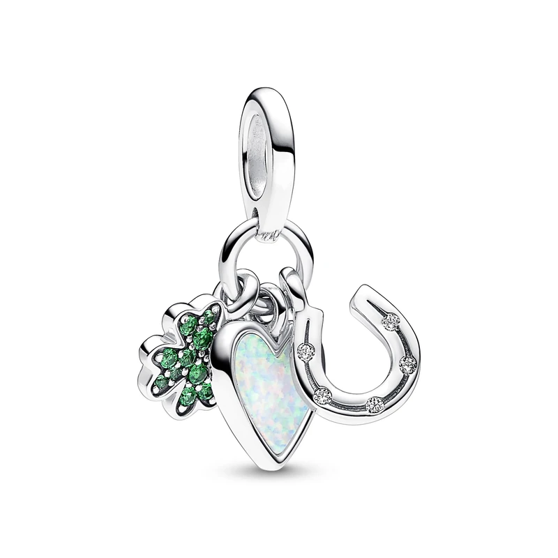 Pandora Moments Clover, heart and horseshoe sterling silver dangle with clear cubic zirconia, royal green crystal and white lab-created opal