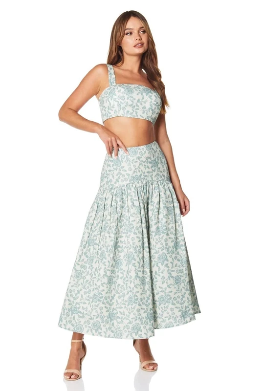 Magnolia Top & Long Skirt Printed Two Piece Set, Green Floral, UK 18