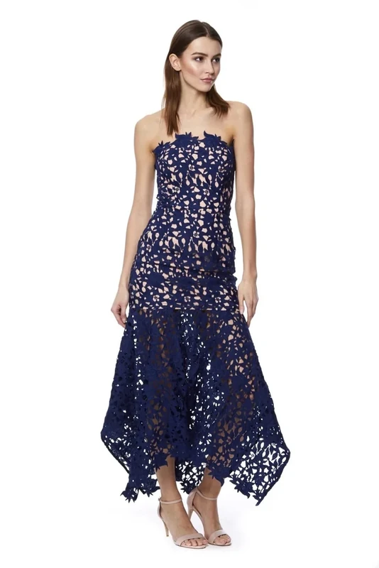 Jarlo London Summer All Over Lace Bandeau Midi Dress, Navy/Nude, UK 12