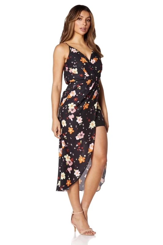 Angela Wrap V Neckline Midi Dress in Floral Print, Black Floral Print, UK 12