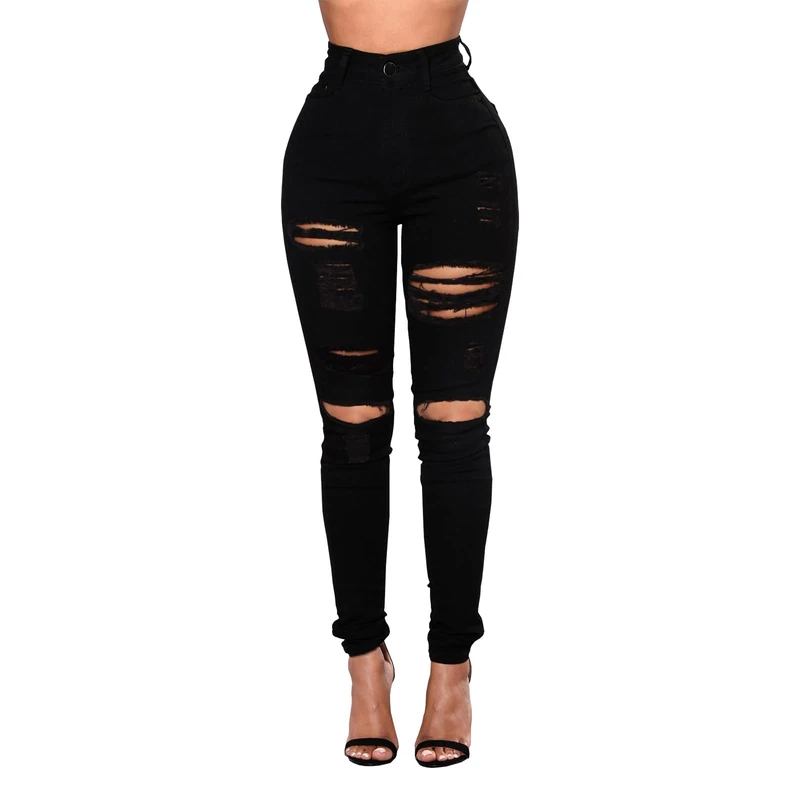 DLAYBGFA Ripped Skinny Jeans for Women High Waisted Stretch Slim Fit Distressed Butt Lifting Denim Jeans Pants, Black, Large - Image 1