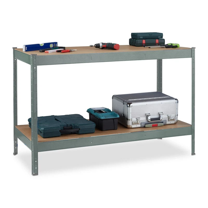 Relaxdays Workbench, 600 kg, Workshop Table, Garage, HWD: 91 x 141 x 61 cm, Steel & MDF, Tool Bench, 2 Levels, Grey - Image 1