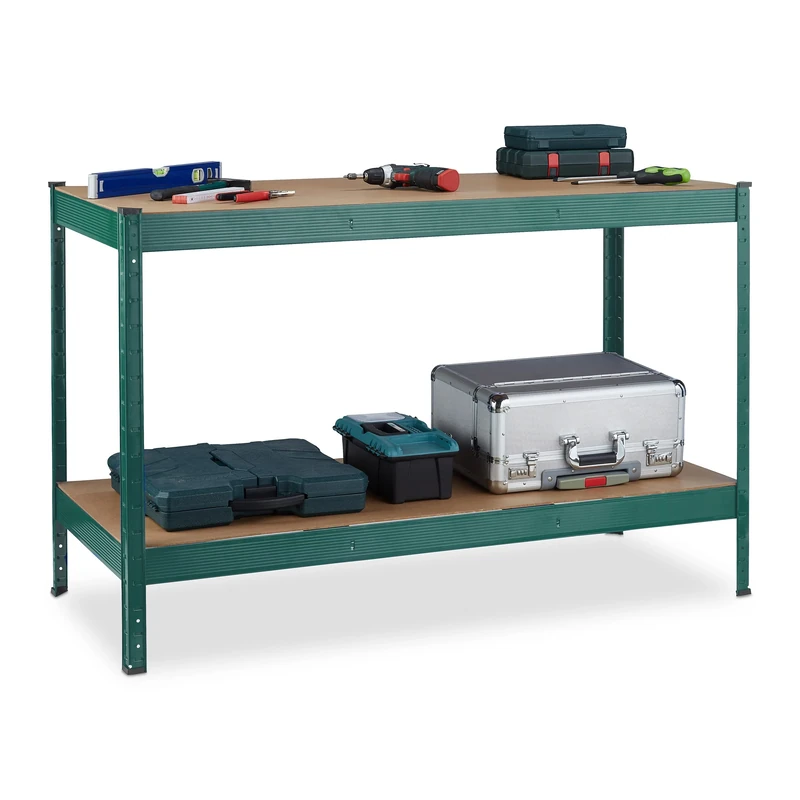 Relaxdays Workbench, 600 kg, Workshop Table, Garage, HWD: 91 x 141 x 61 cm, Steel & MDF, Tool Bench, 2 Levels, Green, 80% 20% fibreboard