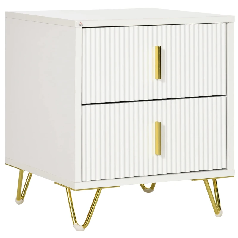 HOMCOM Modern 2 Drawer Dresser, Fluted Bedroom Dresser Chest of Drawers with Metal Legs and Steel Handles for Bedroom, White