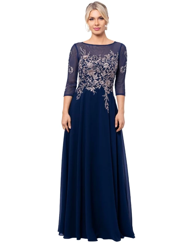 Betsy & Adam Women's Long 3/4 Sleeve Embroidered Chiffon Gown Special Occasion Dress, Navy/Rose, 14