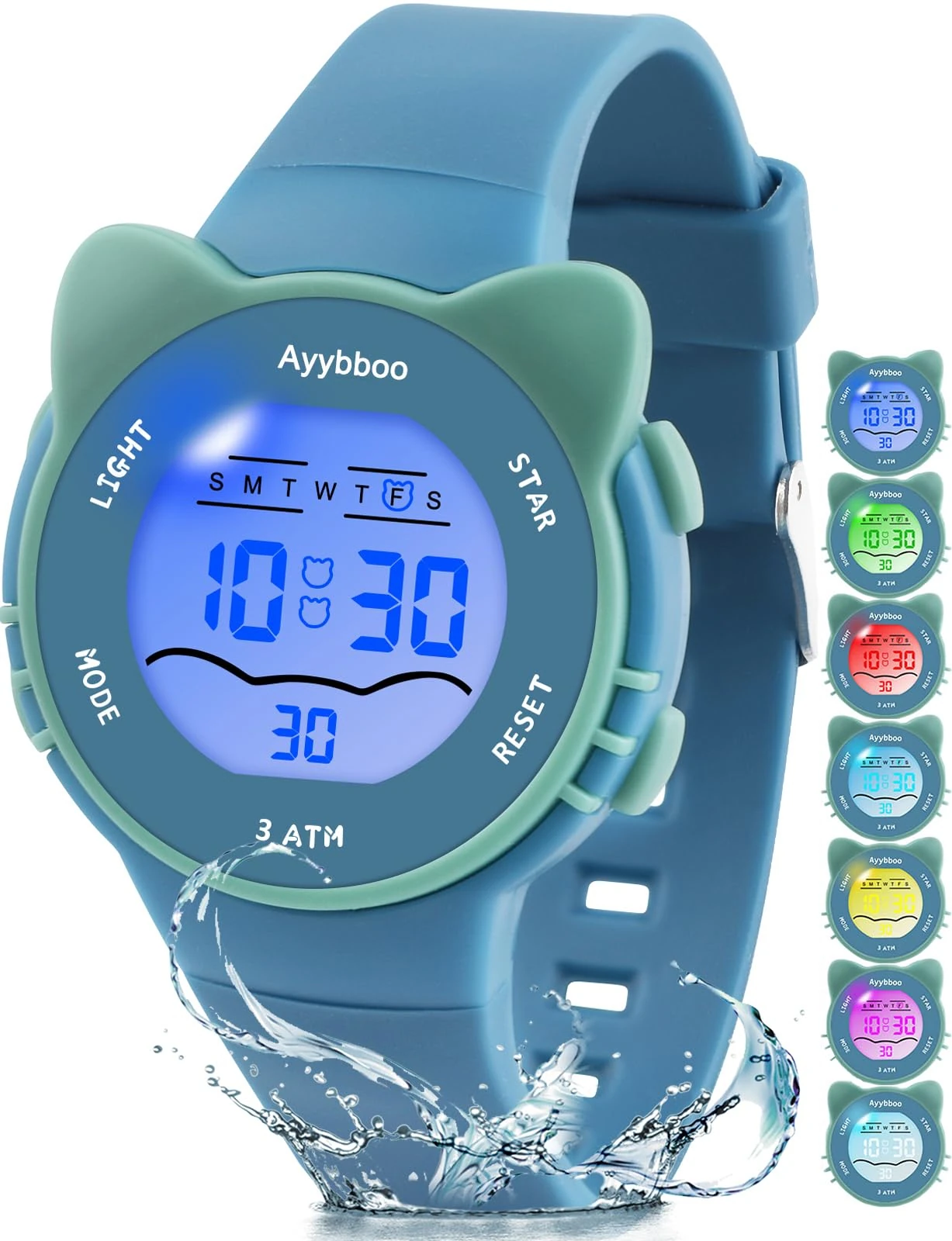 Ayybboo Kids Watch,Toddler Digital Watch with 7 Color Lights & Kitten Design,Waterproof Children's Watches for Girls/Boys 4-12 Years Old (Blue)