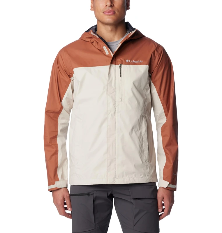 Columbia Men's Pouring Adventure Jacket, Waterproof Rain Jacket, Dark Stone/Auburn, Size L