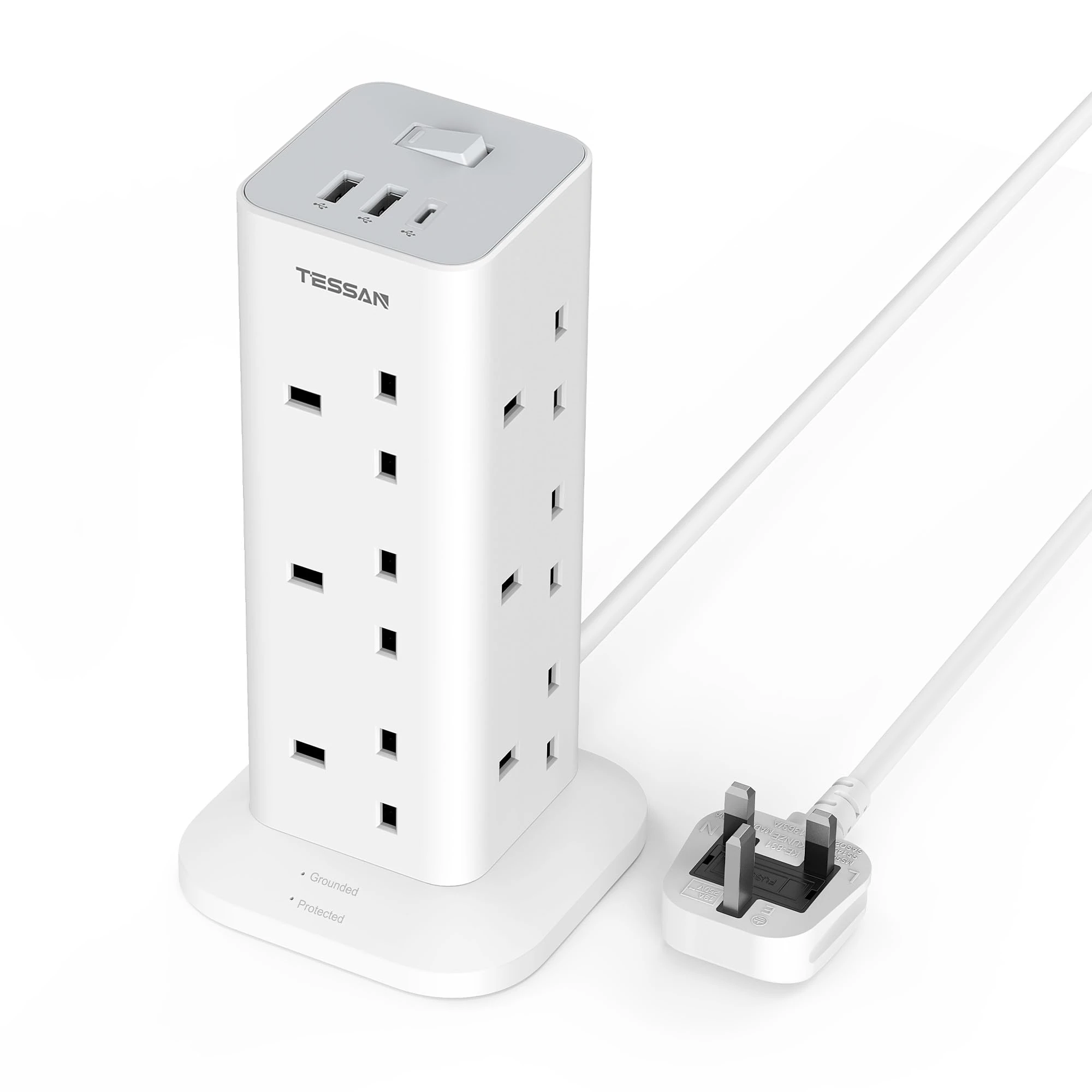 Tower Extension Lead with 3 USB Slots, TESSAN 12 Way Multi Plug Adaptor with Switch, Surge Protected Power Strip with 2M Cable (13A 3250W) for Home, Office, Kitchen, School Supplies