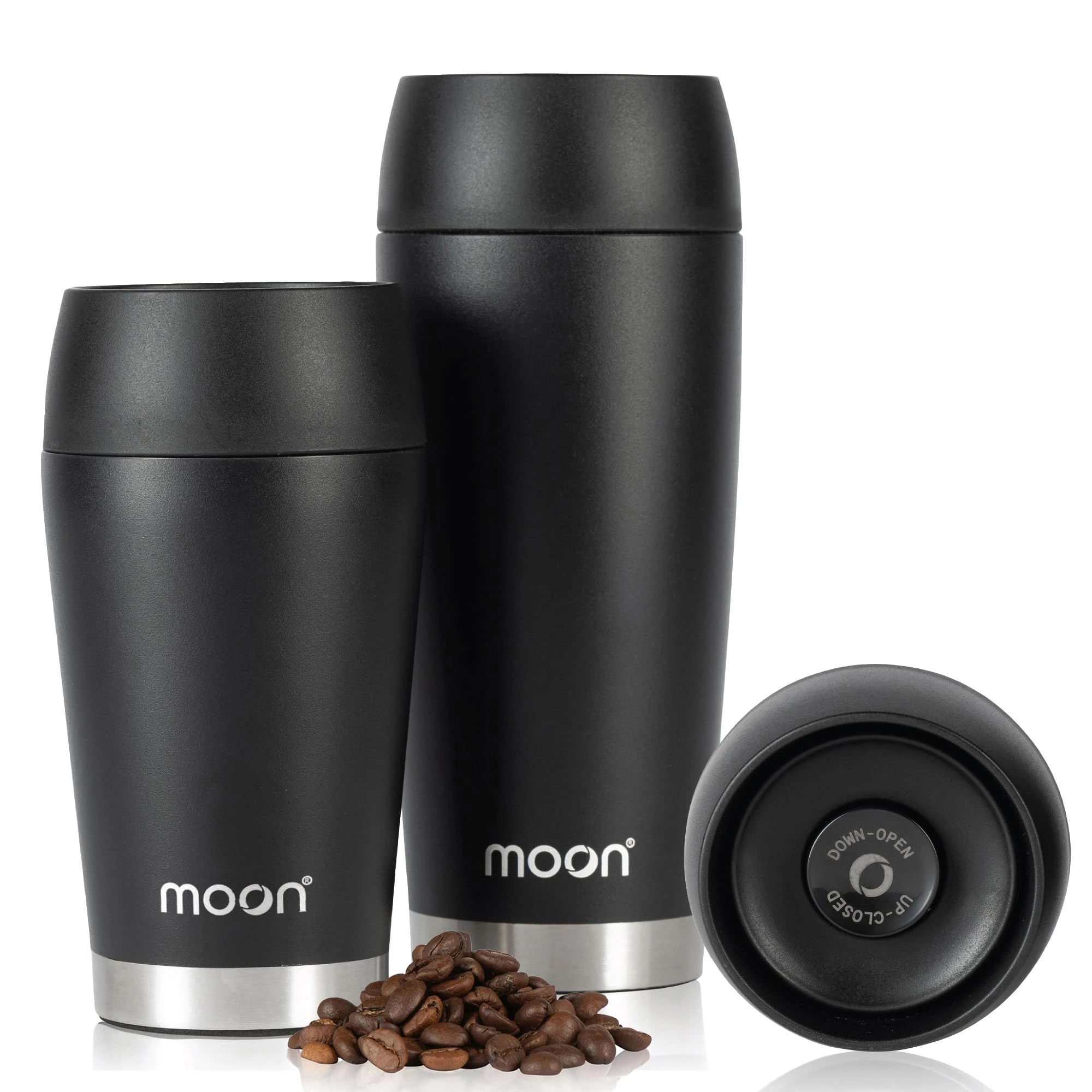 Moon 360° Travel Mugs - Leakproof Reusable Coffee Cup for Hot Drinks - Insulated Stainless Steel Thermal Mug, Fits Car Cup Holders (300ml, Powder Coat/Black)