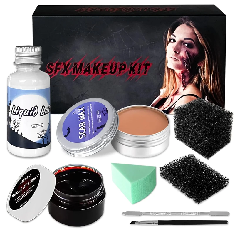 Halloween Special Effects Makeup Kit: SFX Face Paint Cosplay Makeup Kit - Realistic Fake Scar Wound Vampire Modeling with Fake Blood Gel - Skin Wax - Sponge - Spatula