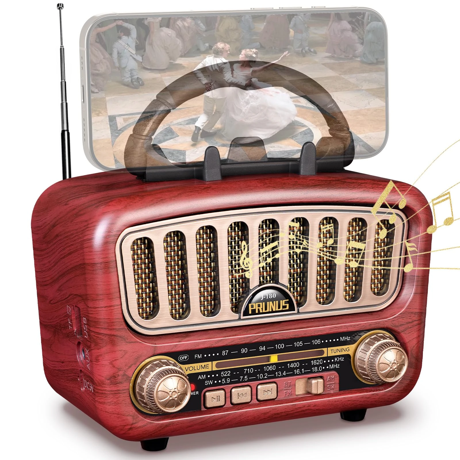RUNUS J-180 Retro Portable Radio - AM/FM/SW with Bluetooth 5.0, 1800mAh Battery, 5W Speaker, Supports USB/TF/AUX