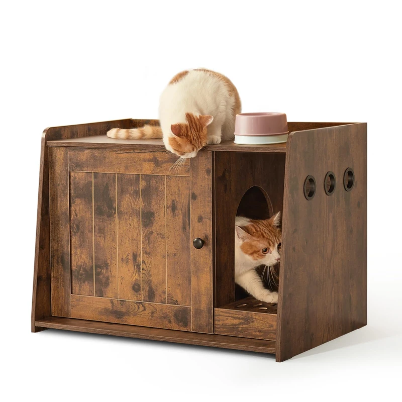 Mondeer Cat Litter Box Enclosure, Wooden Kitty Hidden Washroom Toilet with Door and Holes, Industrial Indoor Cat Houses for Living Room Bedroom Hallway, Rustic Brown