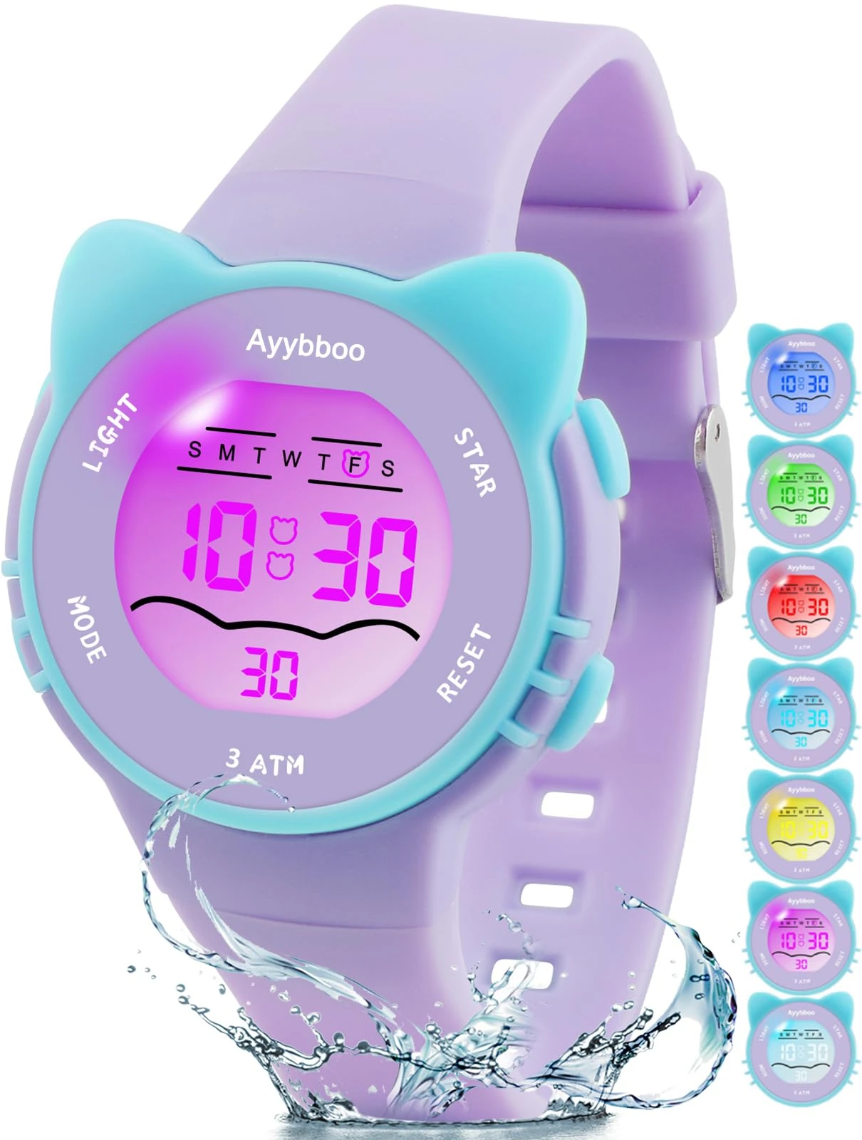 Ayybboo Kids Watch,Toddler Digital Watch with 7 Color Lights & Kitten Design,Waterproof Children's Watches for Girls/Boys 4-12 Years Old (Purple)
