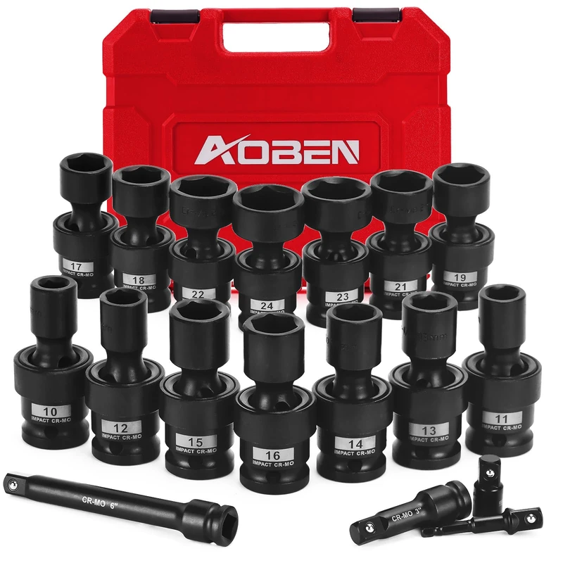 AOBEN 18 Piece 1/2" 6 Point Metric 10-24mm Cr-V Steel Impact Socket Set with Extension Bars and Adapter