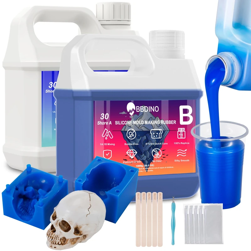 BBDINO Silicone Mould Making Kit 30A, Liquid Silicone for Mould Making 2000g Sapphire Blue, Platinum Grade Self-degassing 1A:1B Mixing, Ideal for Casting Resin/Jewelry Silicon Moulds