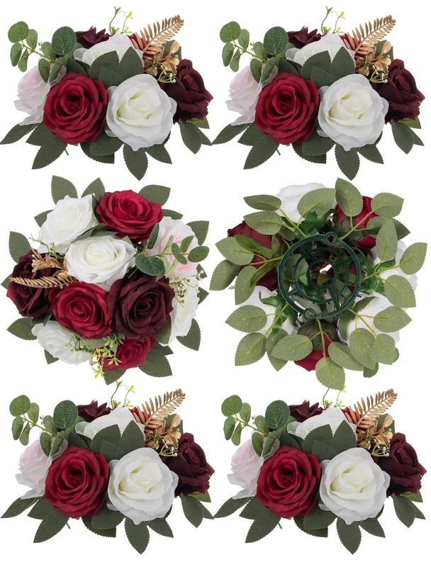 BLOSMON Artificial Flowers Ball Wedding Centerpieces 6 Pcs Burgundy Rose Artificial Flower Center Pieces Decoration for Table Silk Kissing Ball Faux Floral Bouquet Arrangements Home Party DIY Decor