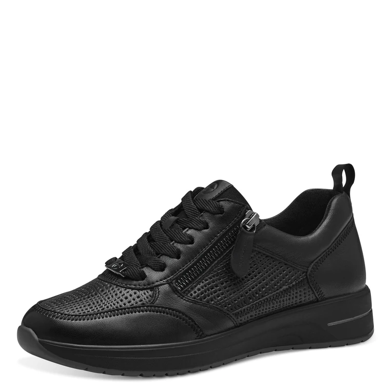 Tamaris Comfort Women’s Flat Leather Sneakers with Zip, Black Structur, 4 UK