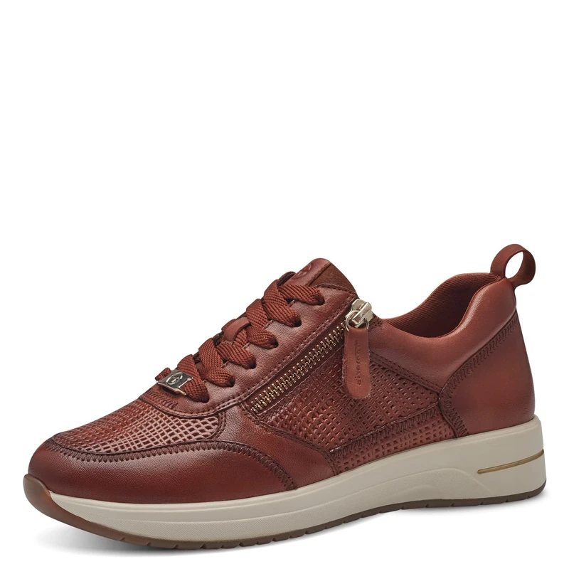 Tamaris Comfort Women’s Flat Leather Sneakers with Zip, Cognac Str., 4 UK - Image 1