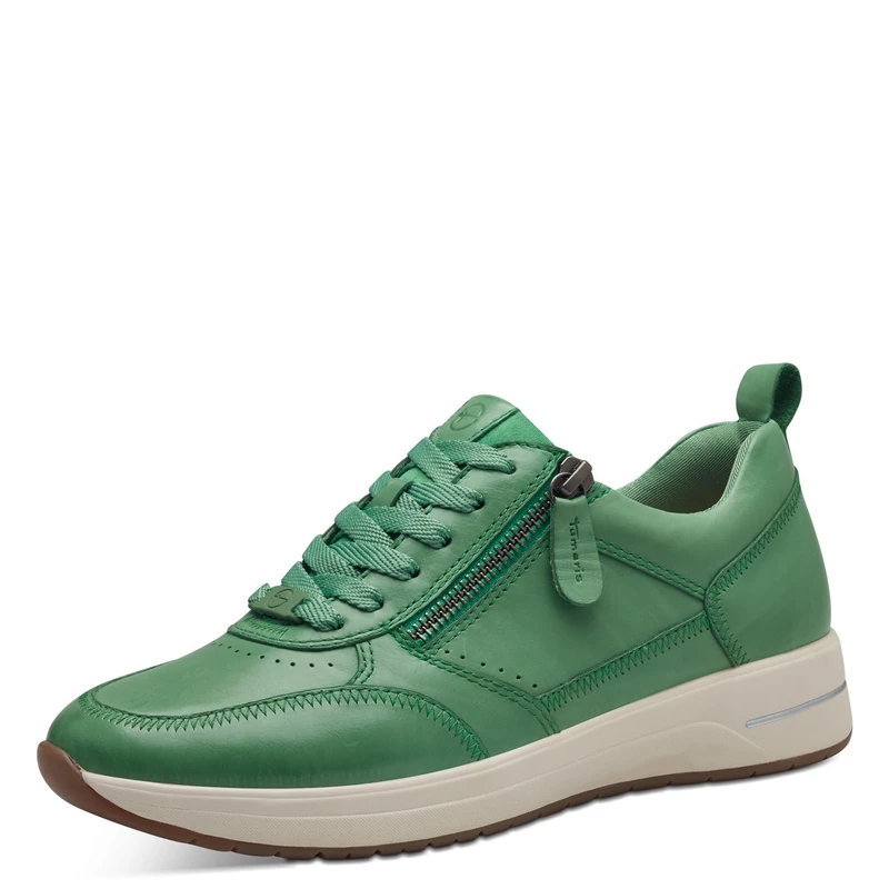 Tamaris Comfort Women’s Flat Leather Sneakers with Zip, Green Nappa, 4 UK