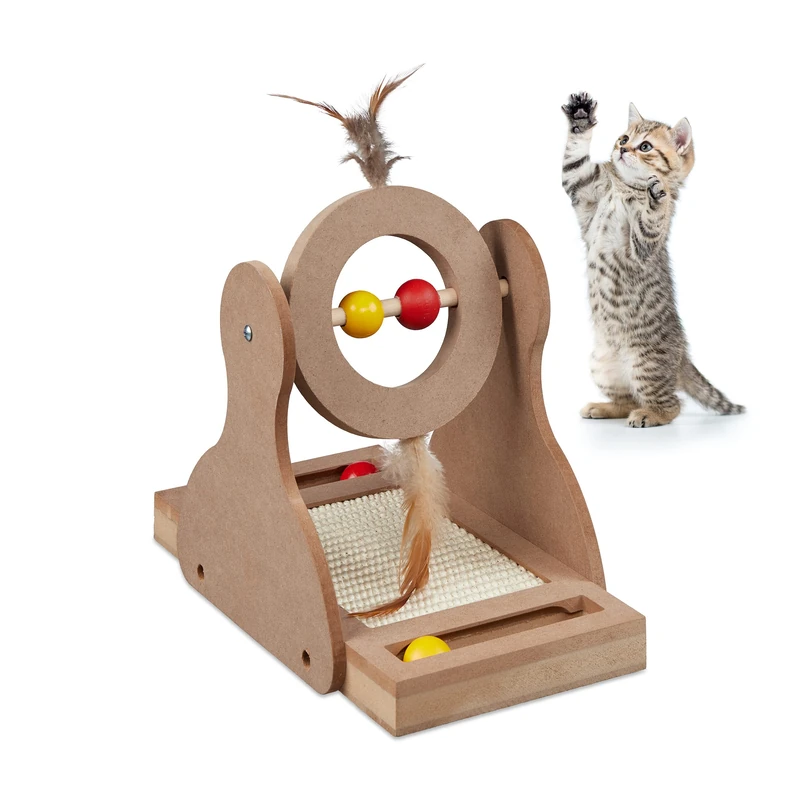 Relaxdays Cat Scratching Column, HxWxD: 52 x 42 x 22 cm, Scratch Post with Toy, Sisal Post & Board, Natural Wood