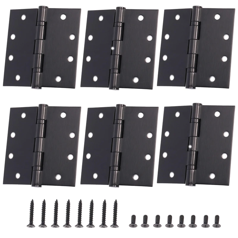 6-Pack 4.5 X 4.5 inch Black Heavy Duty Commercial Door Hinge Thickened, Silent Plain Steel Ball Bearing Door Hinges, Thickness 3 mm Stainless Steel Square Corners with 48 Screws